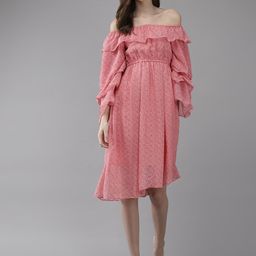 The Roadster Lifestyle Co Women Floral Printed Off Shoulder Fit & Flare Dress-image-86