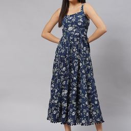 Divena Women Blue Floral Fit And Flare Cotton Midi Dress-picture-16