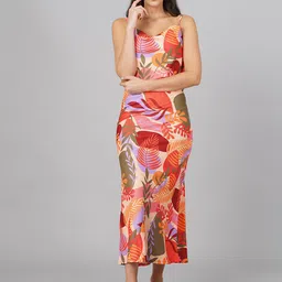 SCORPIUS Red & Green Floral Satin Maxi Maxi Dress-25