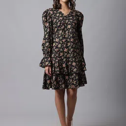 MARC LOUIS Women Black & Pink Floral Printed Layered Drop-Waist Dress-image-75