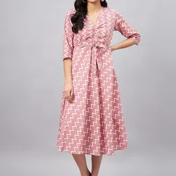 WineRed Geometric Printed V-Neck Pure Cotton Fit and Flare Midi Dress-image-4