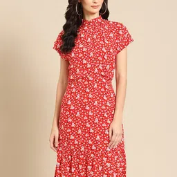 DODO & MOA Women Red & White Floral Printed Wrap Dress-image-33