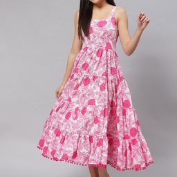 Divena Women White & Pink Floral Fit And Flare Cotton Midi Dress-image-48