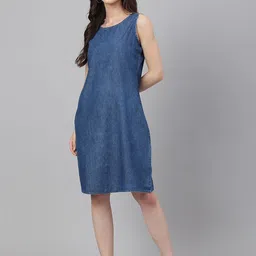 Janasya Women's Blue Denim Solid Straight Western Dress-image-92