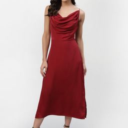aayu Women Maroon Cowl Neck Satin Midi Dress-image-0