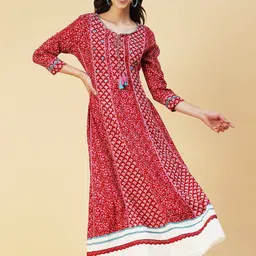 FASHOR Maroon Ethnic Motifs Maxi Cotton Dress-image-54