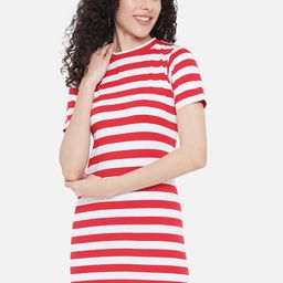 Trend Arrest Women Red & White Striped Cotton T-shirt Dress-70
