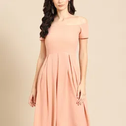 DODO & MOA Women Peach Solid Off-Shoulder Fit and Flare Dress-18
