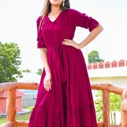 HOUSE OF JAMOTI Women Magenta Cotton Maxi Dress-image-75