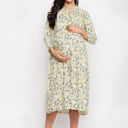 Hypernation Women Yellow Floral Maternity A-Line Midi Dress-image-61
