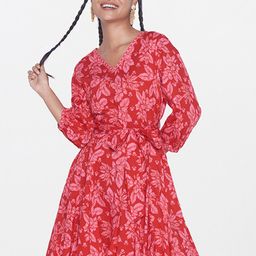 Global Desi Floral Printed V-Neck Belted Pure Cotton Fit & Flare Dress-image-76
