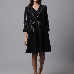 MARC LOUIS Women Black Embellished Georgette Dress-image-18