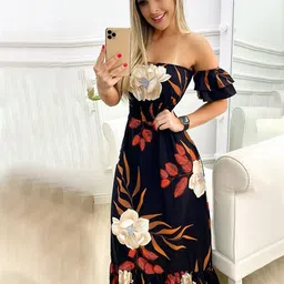 StyleCast Black Floral Printed Off-Shoulder Flutter Sleeves Maxi Dress-image-76