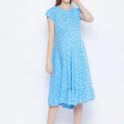 Hypernation Women Blue & White Floral Maternity A-Line Midi Dress-23