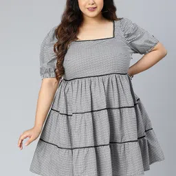 Oxolloxo Woman Plus Check Cotton Round Neck Lace Detail Empire Dress-image-67