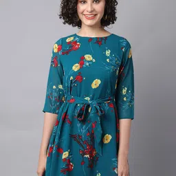 La Zoire Teal Floral Printed Georgette Mini Dress-image-91