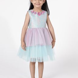 A Little Fable Girls Turquoise Blue & Lavender Round Neck Fit And Flare Dress-image-94