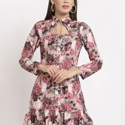 aayu Women Peach-Coloured & Pink Floral Tie-Up Neck Crepe A-Line Dress-image-38