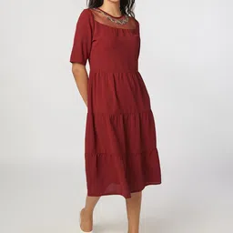NOT SO PINK Women Burgundy Embroidered Neck Tiered Midi Dress-image-95