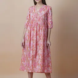 GULAB CHAND TRENDS Pink Cotton Floral Ethnic A-Line Ethnic Dresses-image-33