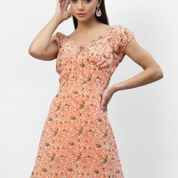 aayu Women Coral & White Floral Printed Crepe Dress-image-44