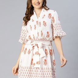 Oxolloxo White & Orange Floral Printed Smocked Shirt Dress-image-52