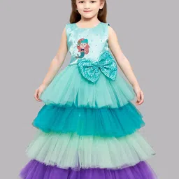 Pink Chick Girls Sea Green & Purple Embellished Colourblocked Net Layered Gown-picture-2