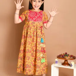 LIL PITAARA Mustard Yellow Ethnic Motifs A-Line Maxi Cotton Dress-image-84