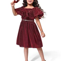 Hola Bonita Girls Embellished Flared Sleeve Net Fit & Flare Dress With Belt-image-16