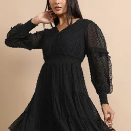 Tokyo Talkies Black Self Design V-Neck Puff Sleeve Fit & Flare Above Knee Dress-image-31