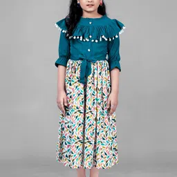 FASHION DREAM Girls Teal Floral Crepe A-Line Midi Dress-picture-36