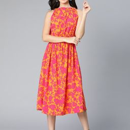 Oxolloxo Orange & Pink Ethnic Motifs Halter Neck Satin A-Line Midi Dress-image-11