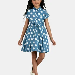 Peppermint Girls Blue & White Polka Dots Printed Peter Pan Collar A-Line Dress-picture-11