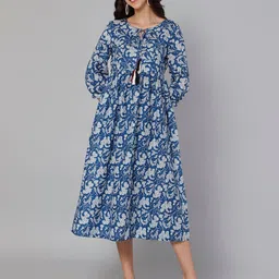 Cantabil Women Blue Floral Printed Cotton A-Line Midi Dress-picture-42