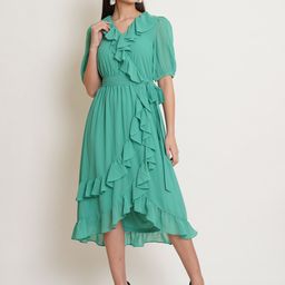 IX IMPRESSION Green Solid Ruffle Wrap Dress-18