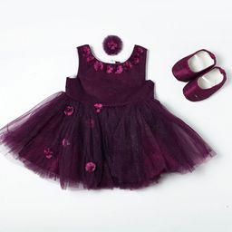 Nuberry Girls Magenta & Pink Cotton Embellished Net Dress-picture-6