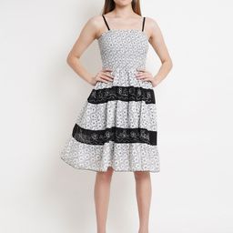 IX IMPRESSION Women Black and White Floral Shoulder Strap Smocked Dress-image-36