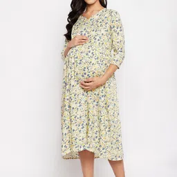 Hypernation Women Yellow & Blue Floral Maternity A-Line Midi Dress-image-59