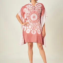 The Kaftan Company Peach-Coloured & White Cotton Floral Kaftan Dress-picture-14