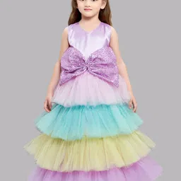 Pink Chick Girls Lavender & Yellow Colourblocked Net Layered Gown-image-29