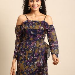 DODO & MOA Blue & Green Floral Georgette A-Line Mini Dress-image-22