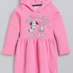 YK Girls Pink & White Graphic Printed Cotton Hooded Dress-picture-11