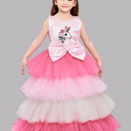 Pink Chick Girls Pink & Coral Embellished Colourblocked Layered Gown-image-80