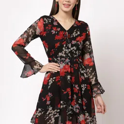 aayu Black & Red Floral Printed Tie-Up Neck Georgette A-Line Dress-picture-13