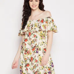 Clovia Pretty Florals Resortwear Bardot Crepe Shirt Dress-picture-19