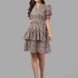 Masakali Women Co Peach & Black Animal Printed Layered Fit and Flare Dress-22