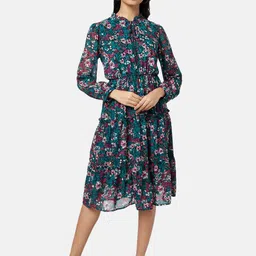 Honey by Pantaloons Women Teal & White Floral Printed Tie-Up Neck A-Line Dress-28