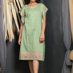OWO THE LABEL Women Green Ethnic Motifs Kaftan Cotton Dress-image-69