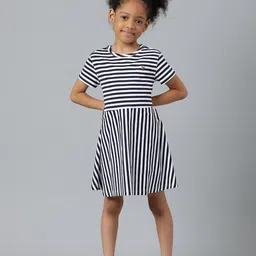 Beverly Hills Polo Club Girls White & Black Striped Round Neck Cotton Dress-image-33