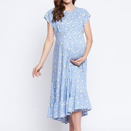 Hypernation Women Blue Floral Maternity A-Line Midi Dress-47